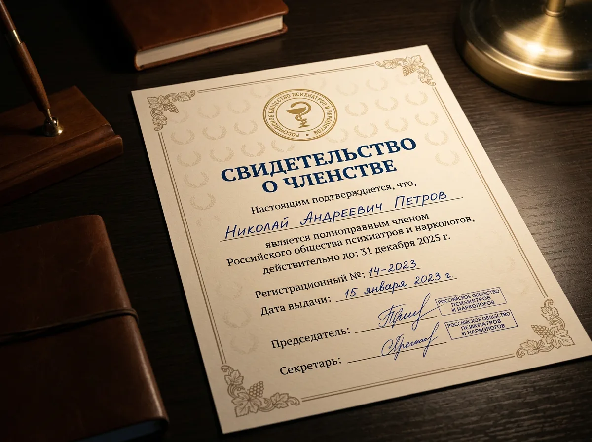 Свидетельство о членстве в Российском обществе психиатров и наркологов, официальный бланк