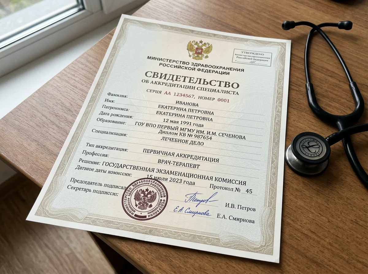 Свидетельство об аккредитации медицинских специалистов, документ установленного образца Минздрава РФ